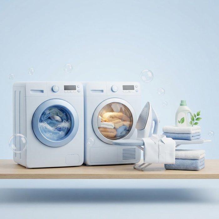 Lavadora y secadora con plancha, toallas dobladas y detergente ecológico